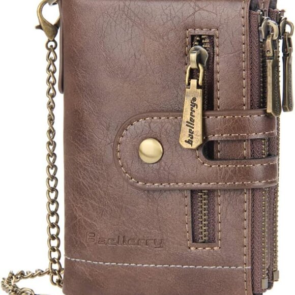 Men Chain Wallet PU Faux Leather Bifold Wallet for Men Double Zipper Coin Pocket - Picture 1 of 4